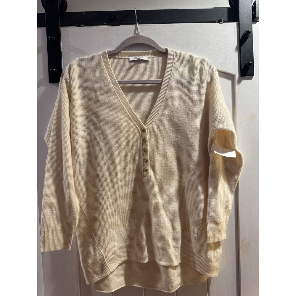 Madewell Asherton Waffle Henley Sweater Ivory XXS NC737 High Low Hem